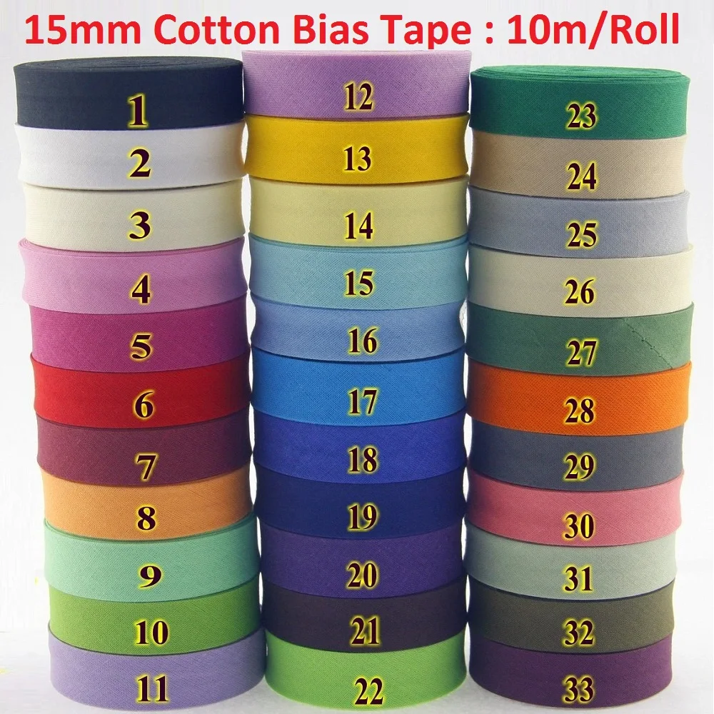 15mm Width Ironed Single Fold Cotton Bias Binding Cloth Tape for Garment Quilt Cushion Craft DIY Accessories 10 Meters/roll