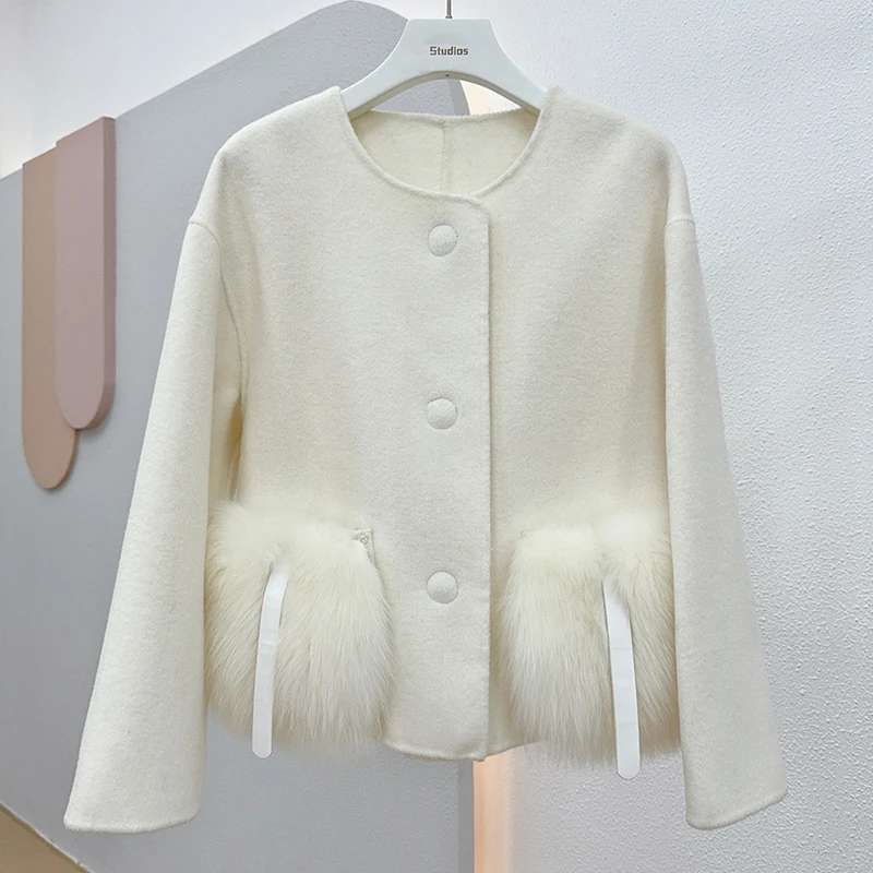 

2024 New Winter Cashmere Wool Woolen Jacket Real Fur Coat Women Natural Fox Fur Pocket Ladies Outerwear Female Coat