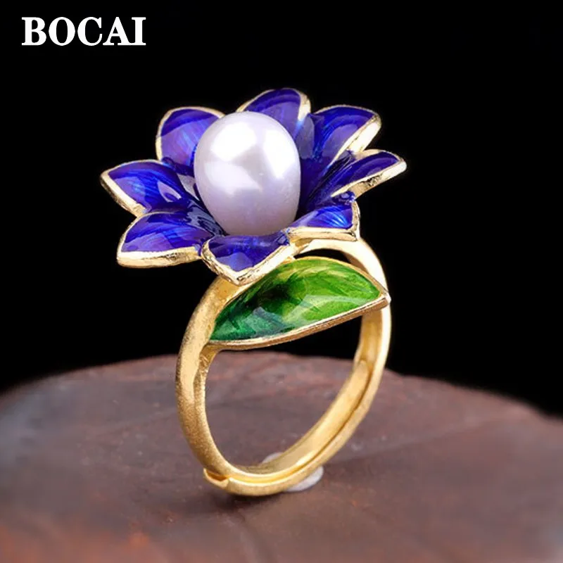 

BOCAI New 100% S925 Silver Jewelry Accessories Handmade Gold-Plated Burnt Blue Drop Glue Pearl Women's Ring