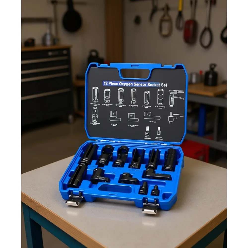 

12pc O2 Sensor Socket and Thread Chaser Kit 22mm 27mm 29mm 7/8 1-1/16 Inch 1/2 3/8 Drive Oil Pressure Vacuum Thermal