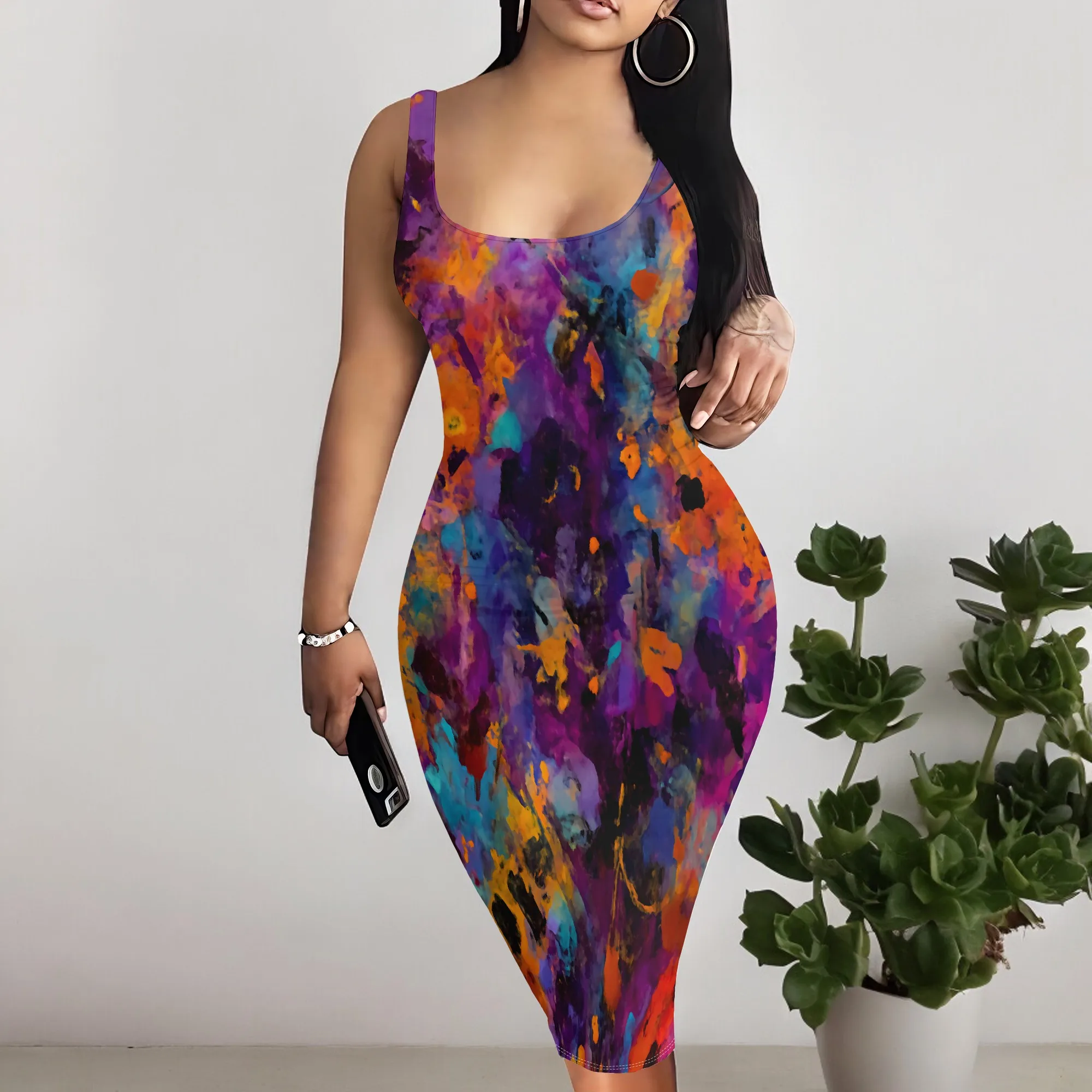 

Abstract Paint Print Bodycon Dress S‑3XL Sleeveless Scoop Neck Midi Style for Night Out, Club Party or Modern Art Show Look
