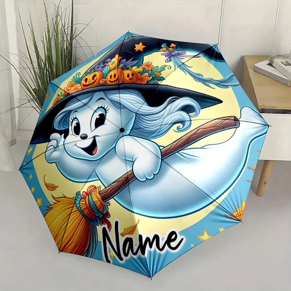 Custom Name  Cheerful Ghost Design Umbrella with Halloween Theme Print 8 Iron Ribs Folding Umbrella Auto-Open Fashion Sunshade