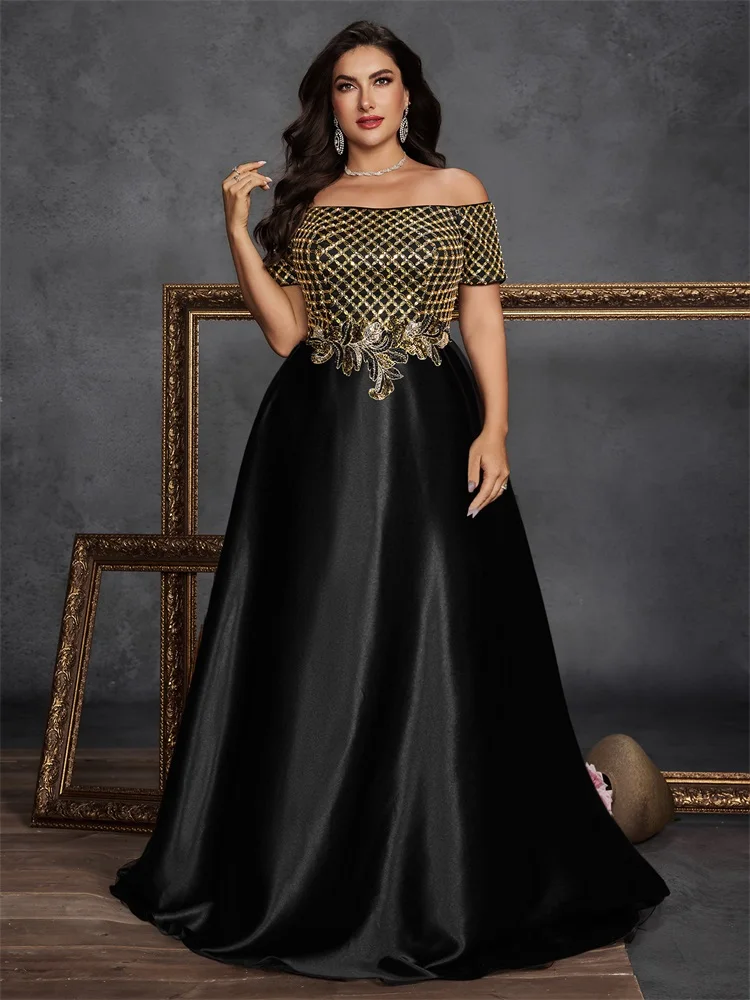 

XUIBOL Plus Size Elegant Short Sleeve Sequins Splicing Formal Evening Dresses Women Luxury Party Bridesmaid Cocktail Gowns