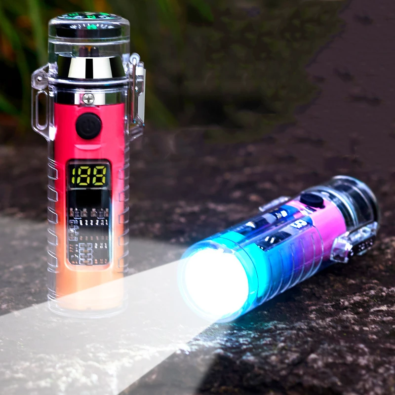 New Waterproof Transparent Charging Lighter with Flashlight Compass Double Arc Lighter Portable Outdoor Camping Smoking Tool