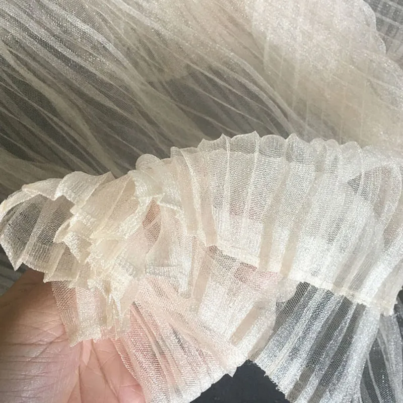 Pearlized Shiny Pleated Tulle Fabric Crinkle Sheer Mesh Net Fabric for Wedding Dress,Shirts,Veils,Decor,White,Grey,Champagne