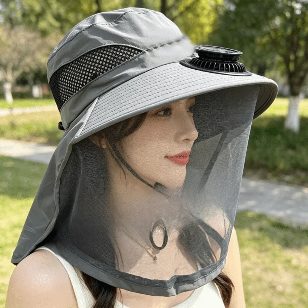 With Net Mesh Mosquito Head Net Hat UV Protection Foldable Solar Fan Hat Breathable Cooling Fishing Bucket Hat Outdoor Sport