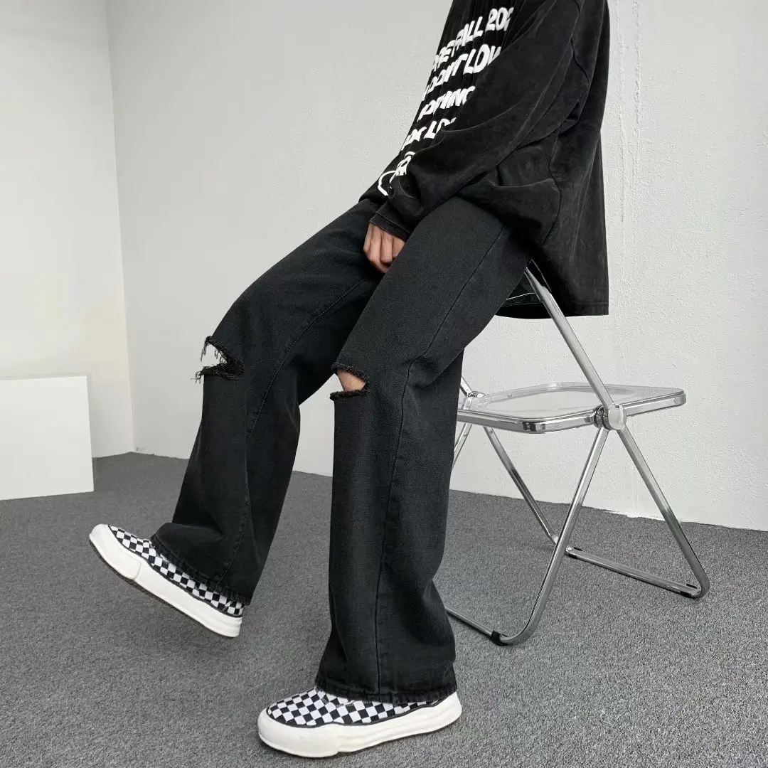 

Men's Summer Thin Wide Leg Jeans Loose Straight Fit Hole Punching High Street Sle Casual Long Pants Straight Foot Opening