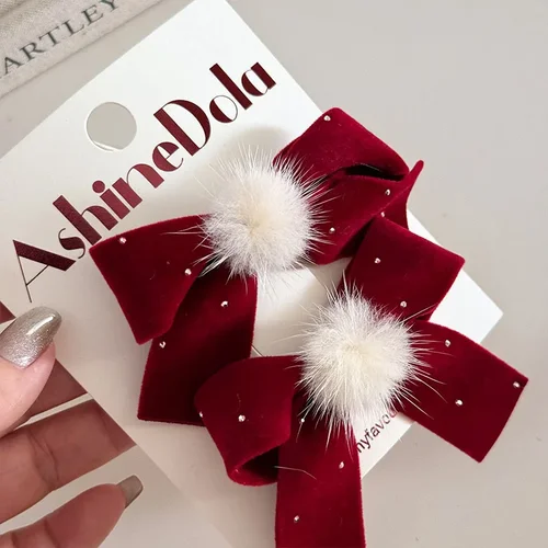 Imagen 1 del producto Horquillas para el pelo con lazo de terciopelo rojo, pinzas para el pelo con forma de corazón de aleación para niños y niñas, pasadores con pompón, soporte para cola de caballo, accesorios para la cabeza, 1/2 Uds.