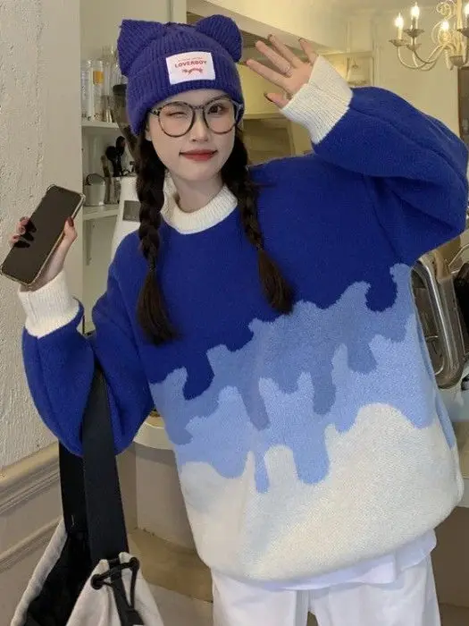 ملابس تريكو نسائية باللون الأزرق من Faionable تصميم ملون فضفاض مناسب طويل Sve قميص خريفي حراري دافئ #1