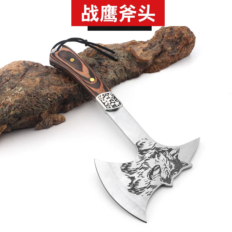 Stainless steel Warhawk axe with wooden handle outdoor camping axe forest escape self-defense tool