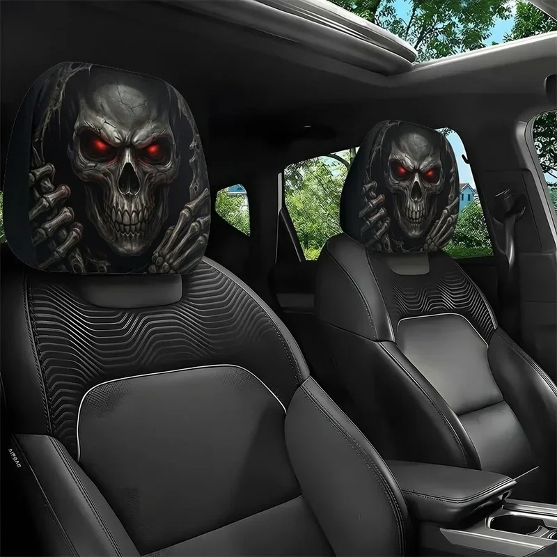 2Pcs Car Headrest Covers Red Eyed Skull Grim Reaper Print Gothic Style