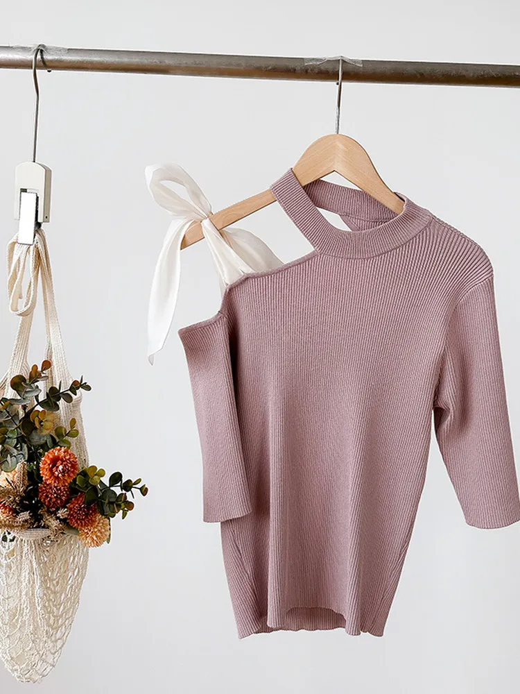 

Sweet Knot Shoulder Bridesmaid Top Women's Fashionable Knitted Shirt with Middle Sleeve And Gauze for Spring Autumn