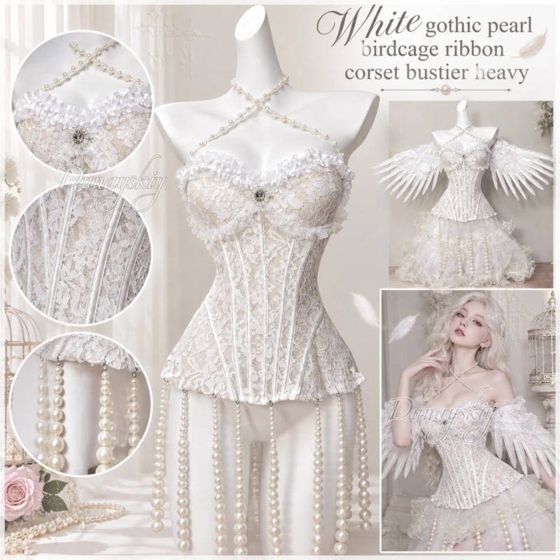 White Gothic Pearl Birdcage Halloween Ribbon Corset Bustr Heavy Handmade Strapless Top Outerwear Vintage Palace Subculture Women