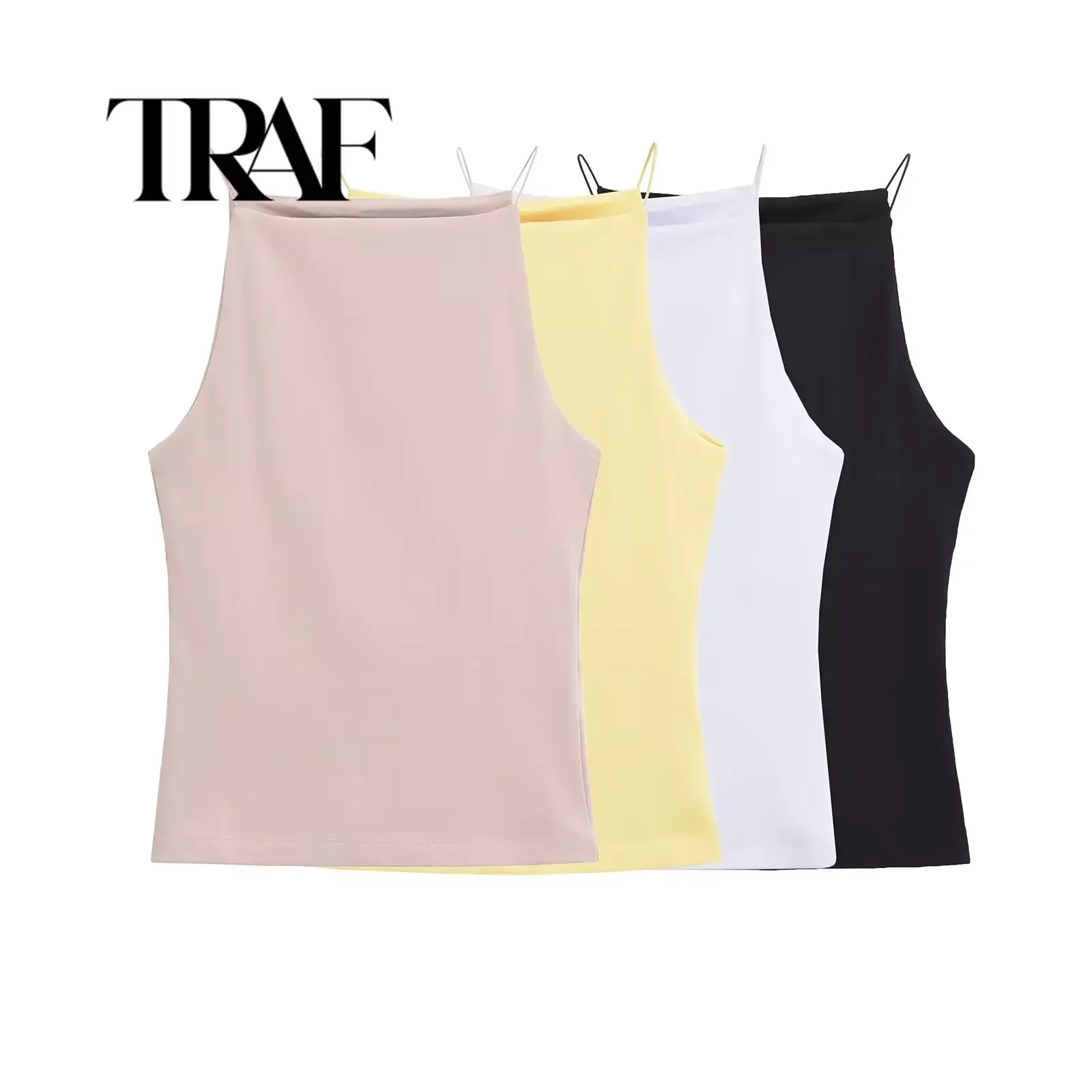 TRAF Thin Stretch Women Camis Summer Sleeveless High Neck Slim Female Halter Crop Top Y2K Tanks Base Bottoming