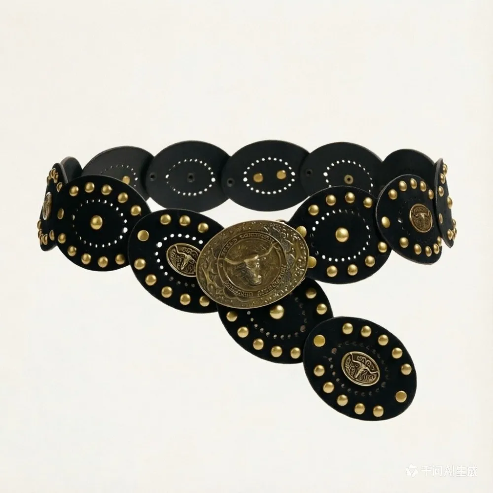 Y2K Wide Western Waist Belt Antique Brass Buckle Rivet Decoration Cowboy Belt Durable Retro PU Leather Belt for Dresses
