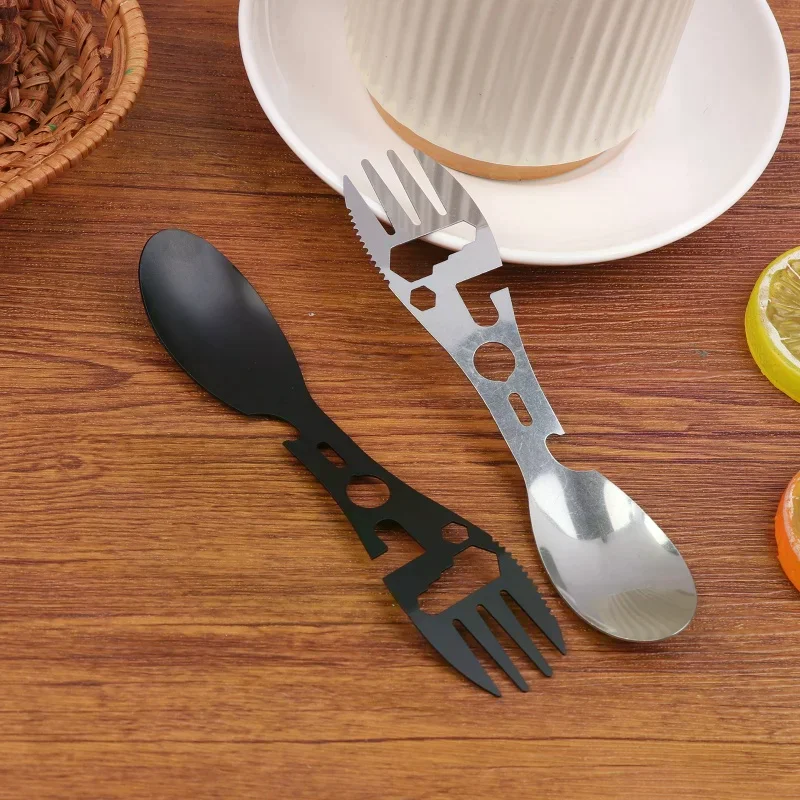 1/5 Buah Set Peralatan Makan Camping 10 in 1 dari Baja Anti Karat, Perlengkapan Perjalanan Hiking, Garpu Sendok Pembuka, Peralatan Bertahan Hidup Luar Ruangan, Peralatan Makan