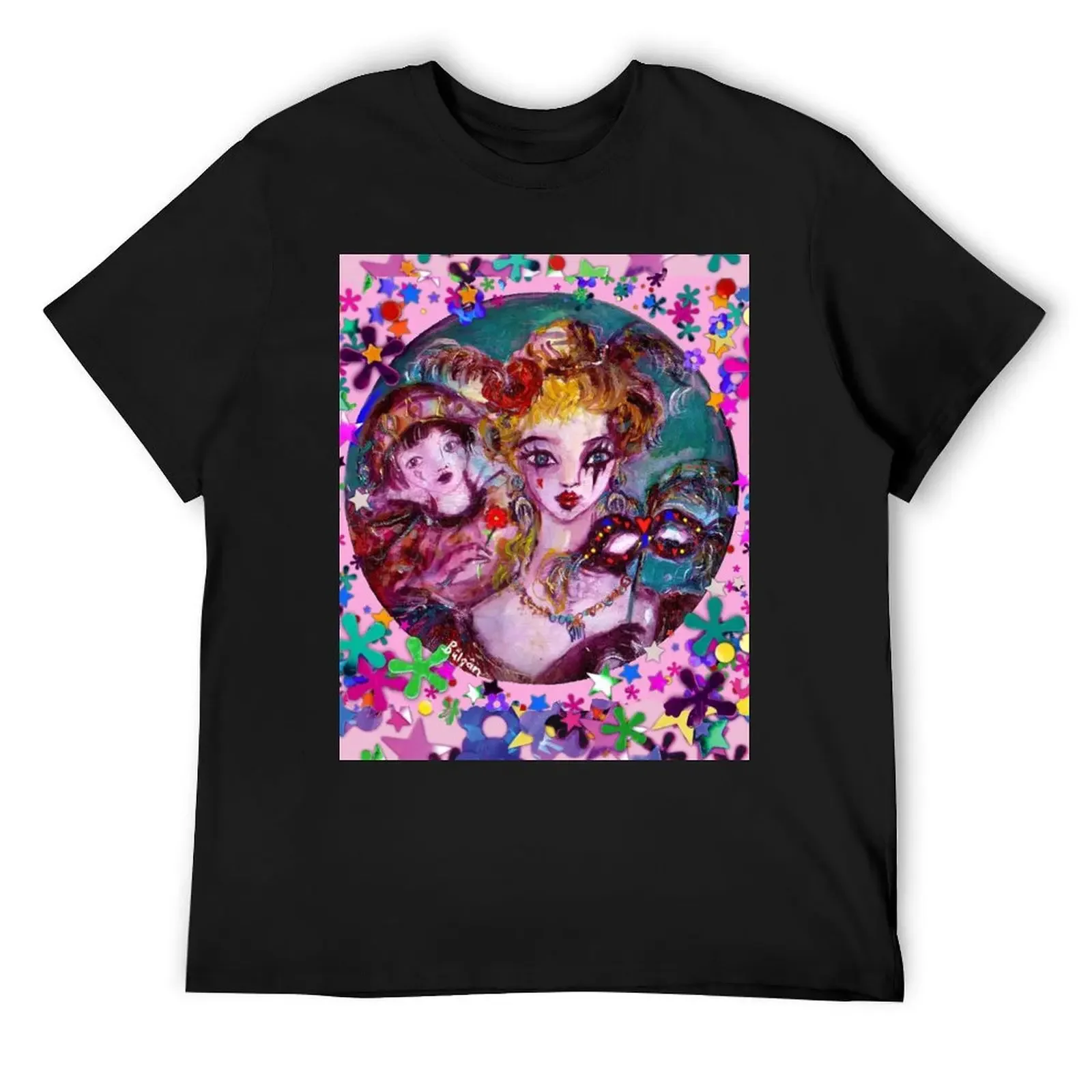 ROMANTIC VENETIAN MASQUERADE LOVERS,MASKS AND COLORFUL CONFETTI T-Shirt blacks blanks oversizeds anime anime shirts men