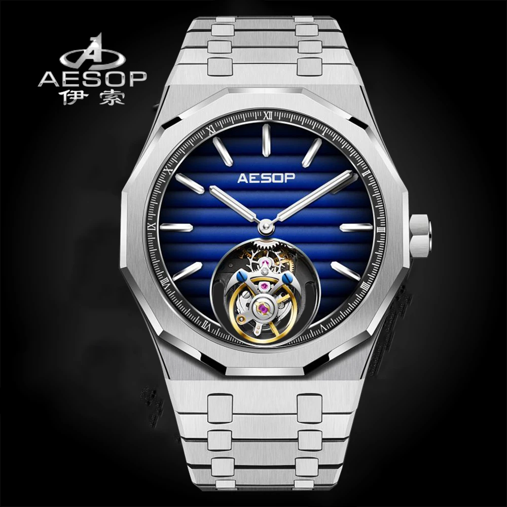 AESOP 2024 Real Flying Tourbillon Mechanical Skeleton Watch For Man Luxury Waterproof Wristwatches Sapphire Mirror Gradient 7057