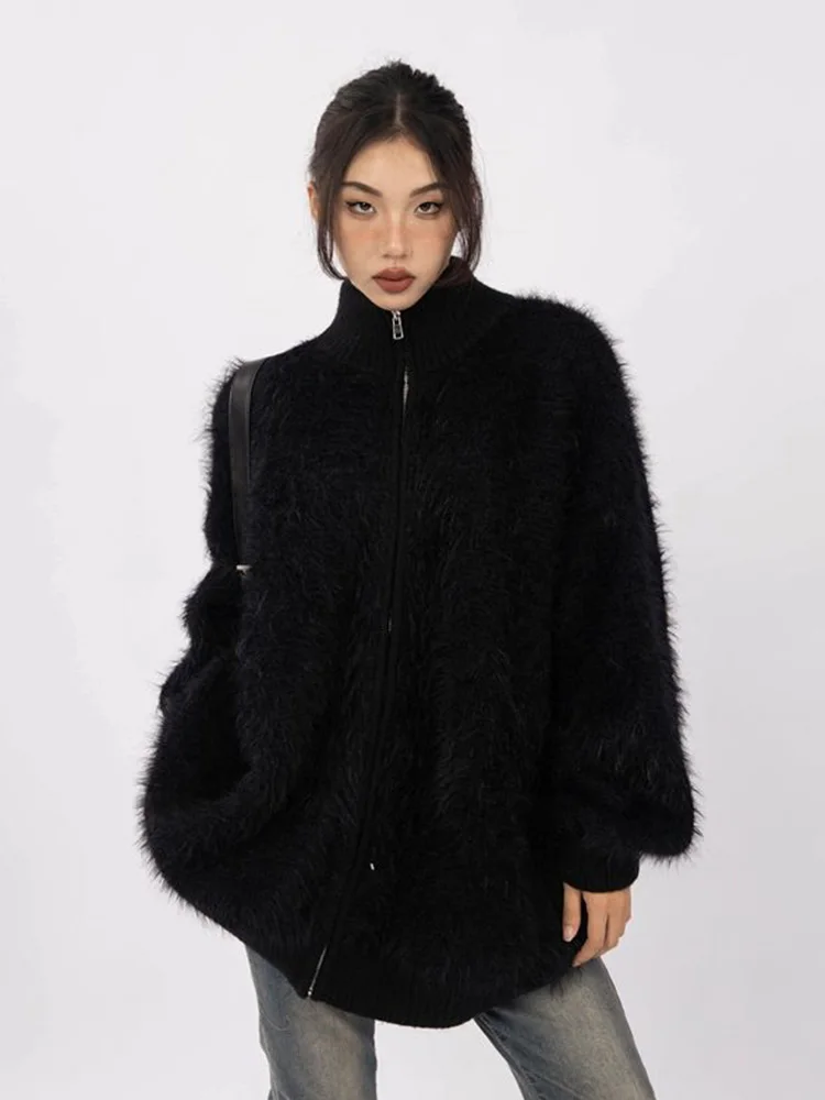 

Harajuku Y2K Black Cardigan Women Loose Retro Faux Mink Cashmere Knitted Sweater American Lazy Wind Vintage New Long Sleeve Tops