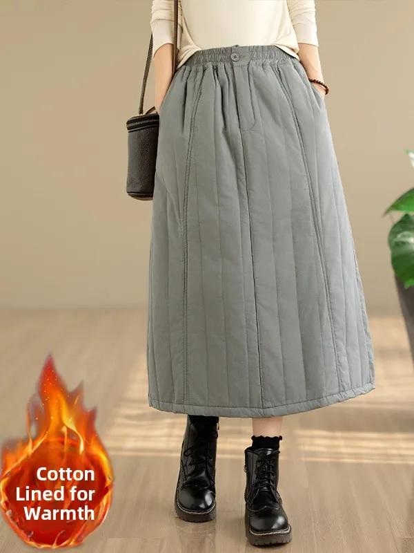 Korean Style A-Line  Skirt for Women Winter Loose Casual Versatile Cotton Lined Label Removed Simple Fashion Commute