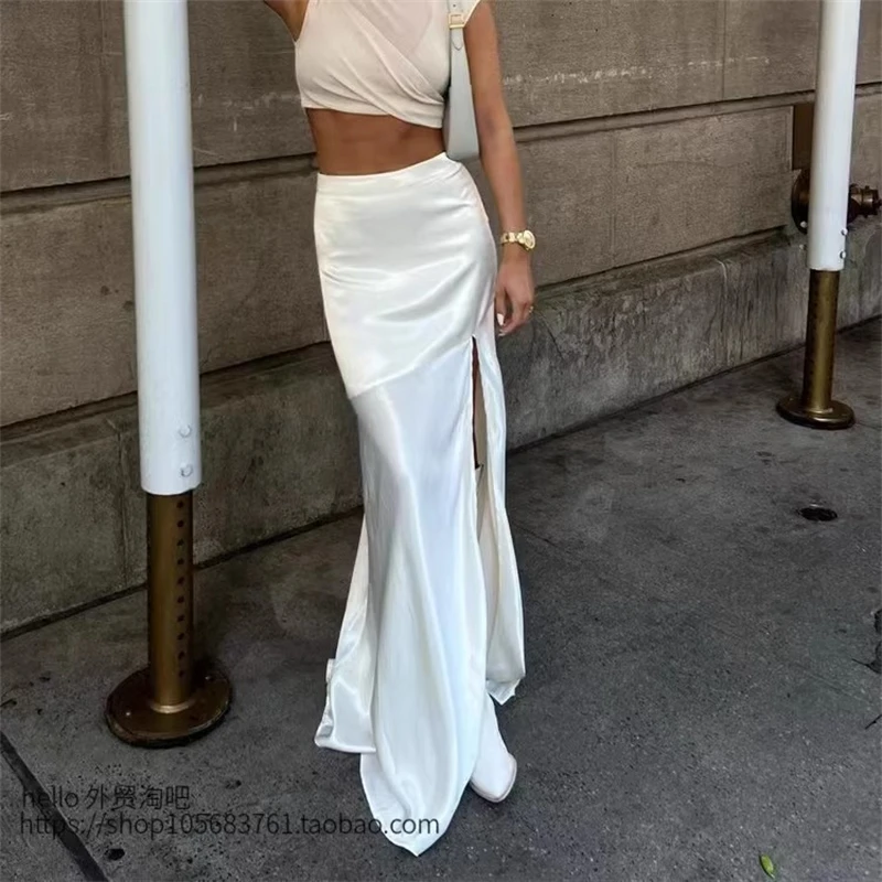 

2024 Clacive Sexy Loose White Satin Skirts For Women Fashion High Waist Long Y2k Skirt Elegant Chic Slit Skirt Female Clothing