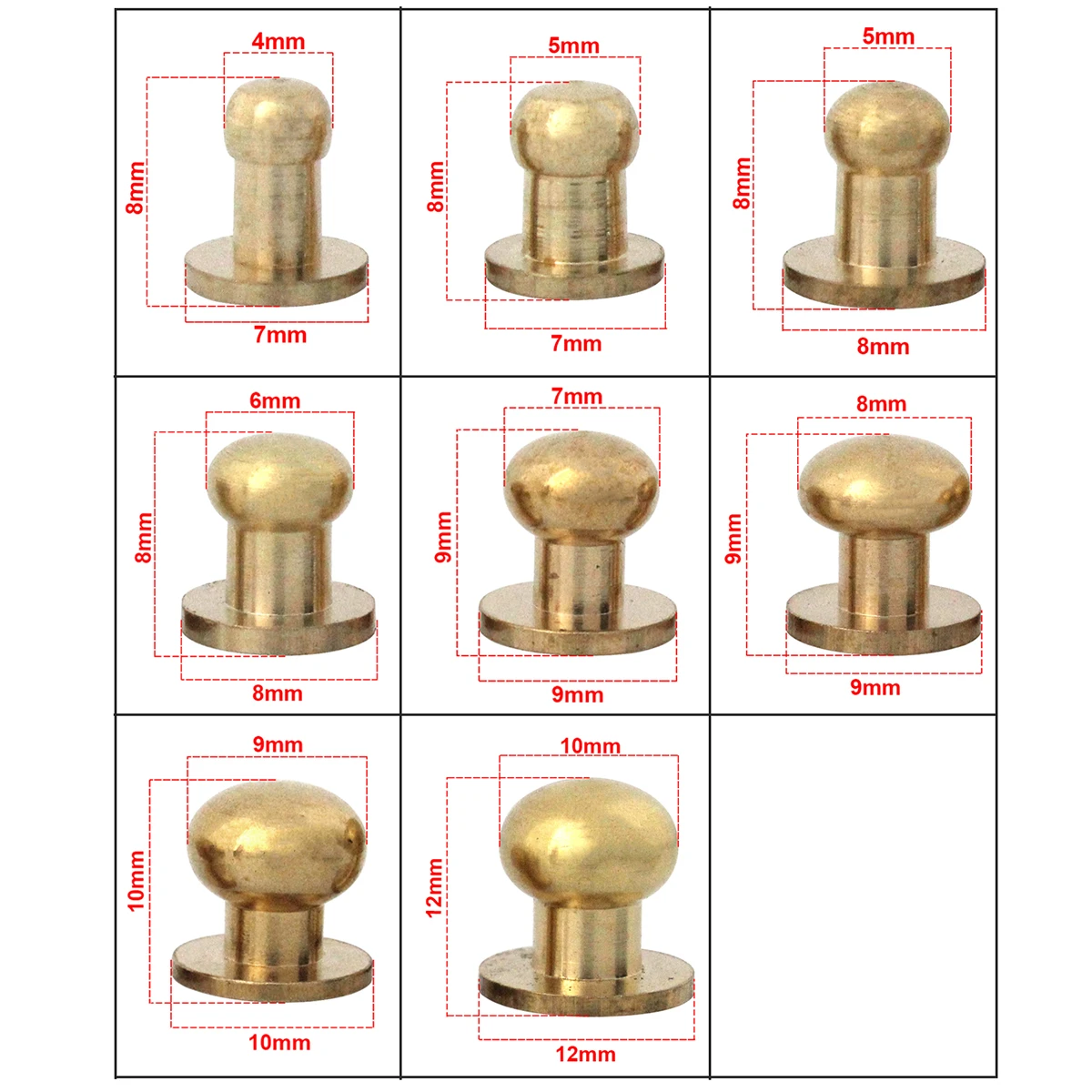 10pcs Solid brass  sam brown browne button screw back Round head ball post studs nail rivets leather craft accessories