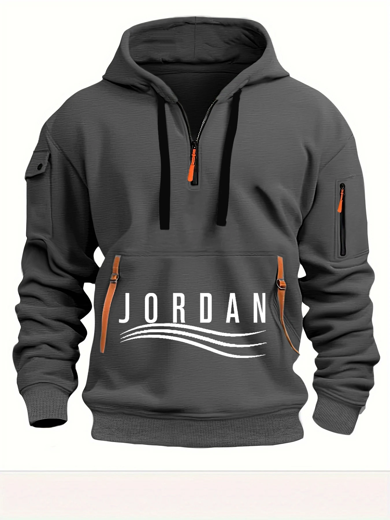 

Spring and Autumn loose pullover men's hooded multi pocket sweatshirt printed hooded wool sweatshirt