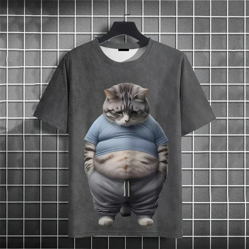 Fashion Men Cute Chubby Cat 3D Print T-Shirt Funny Cartoon Cat In Clothes Animal Graphic Crew Neck Teal Short Sleeve Tee Tops