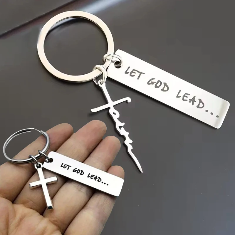 Let God Lead···Faith Cross Stainless Steel Keychain, Christian Religious Key Chain Ring Purse Bag Backpack Charm Daily Gift