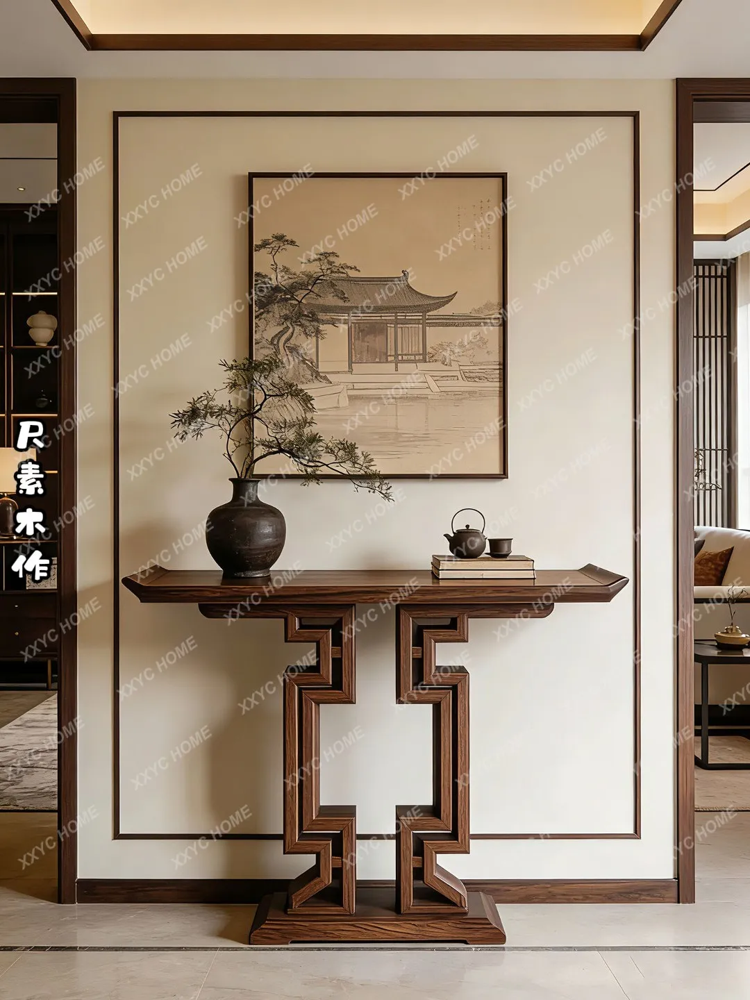Entrance table Minimalist Zen porch cabinet foyer entry end view platform
