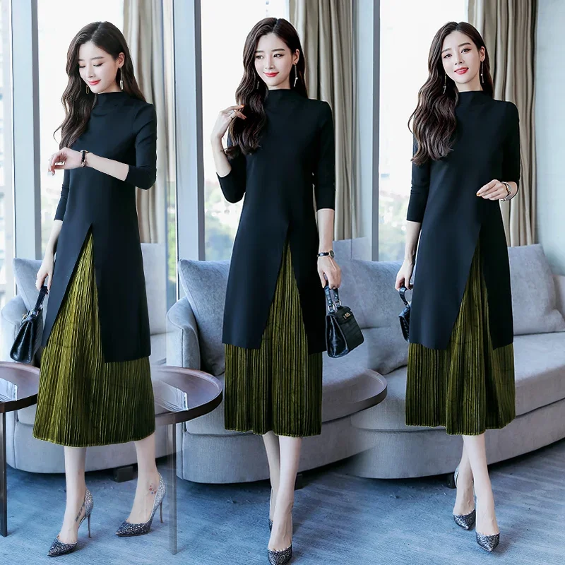 

Goddess fan dress two-piece women 2018 autumn new small breeze temperament thin Hong Kong fashion A-line skirt