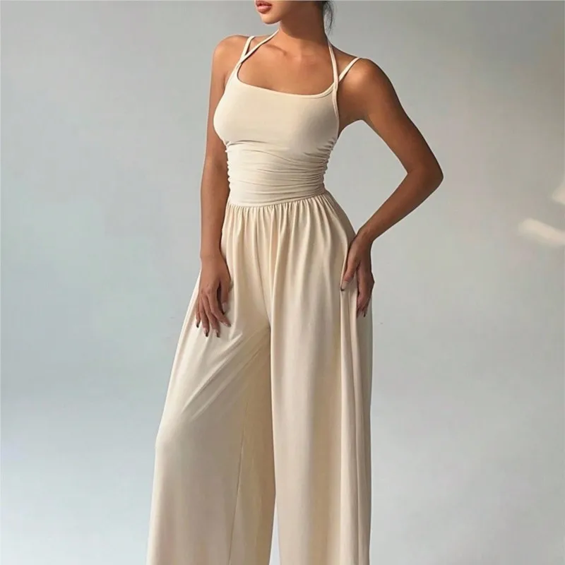 

Women's Casual Pleating Loose Straight Leg Jumpsuit, Spring/Summer Daily Solid Slim-Fit Backless Halter Jumpsuits Streetwear