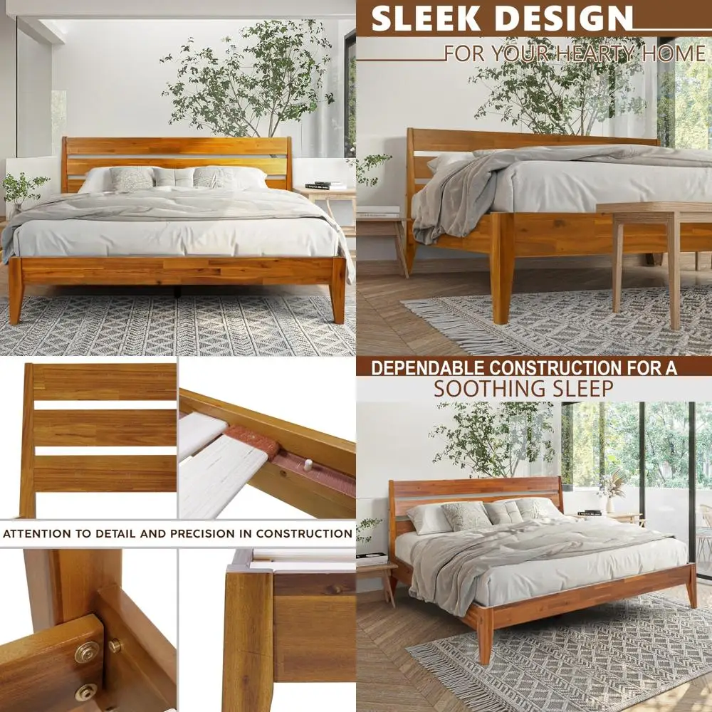 

King Size Acacia Solid Wood Mid-Century Modern Platform Bed Frame with Headboard