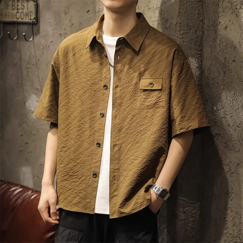 

Summer Y2K Vintage Short Sleeve Shirt For Men Casual Breathable Oversized Cargo T-shirts 2025 New High Street Brown Shirts