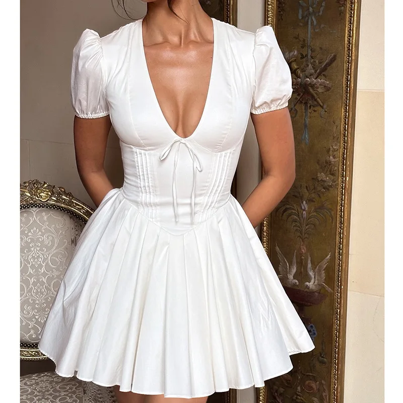 

2024 New European and American Women's Summer Style French V-neck Bubble Sleeve Solid Color Bow pleated Dress for Women