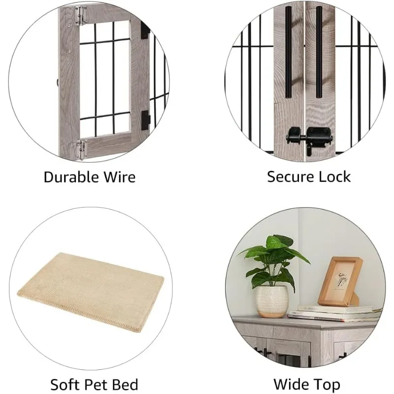 Dog Crate End Table, Double Doors Wooden Wire Dog Kennel with Pet Bed, Decorative Pet Crate Dog House Indoor Medium Large