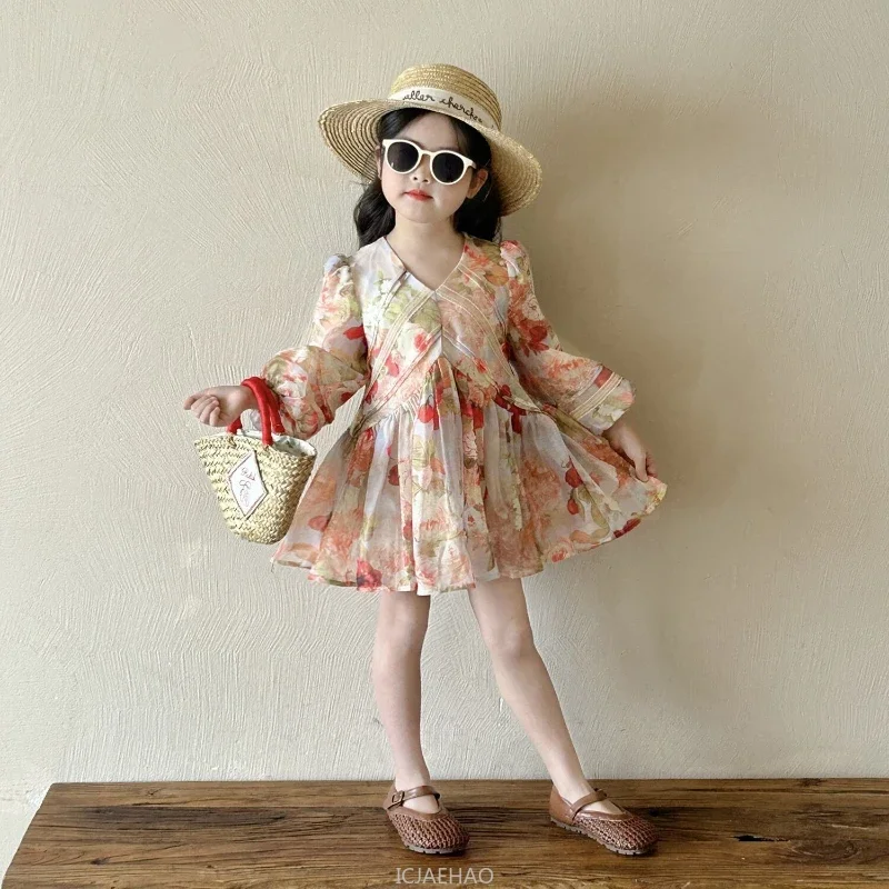 

Teen Girl Clothes 2025 New Girls V Neck Bubble Sleeve Princess Gown Spring Autumn Floral Dresses Children French Country Style