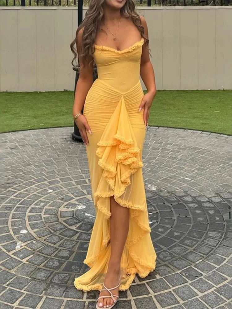 

Irregular Party Long Dresses 2025 Ropa De Mujer Suspender Bodycon Dress Fashion Ruched Vestidos Para Mujer De Fiesta Elegantes