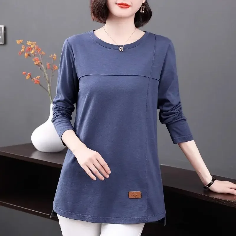 

Spring and Autumn Women's Solid Round Neck Pullover Mid Length Loose Fit Long Sleeve T-shirt Fashion Elegant Commuter Tops