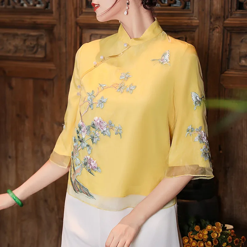 

Summer Women Mandarin Collar Embroidery 3/4 Sleeve Yellow Blouse Top , Ladies Woman Chinese Style Organza Chipao Blouses