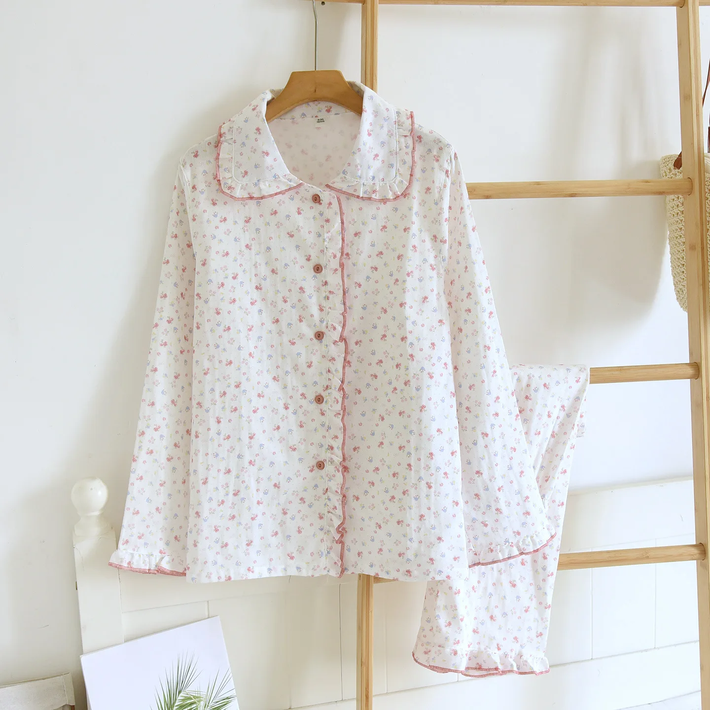 

Cotton Double-layer Yarn Trousers Pajamas Set Cute and Sweet Ladies' Spring and Summer Breathable Loose Home Pyjama Set