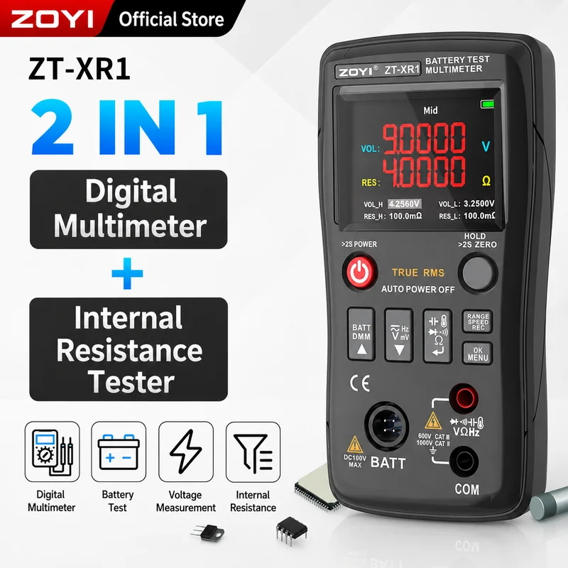 ZOYI ZT‑XR1 2‑in‑1 True RMS Digital Multimeter 4‑Wire Battery Internal Resistance Tester for 18650 LiFePO4 Lithium Battery Test