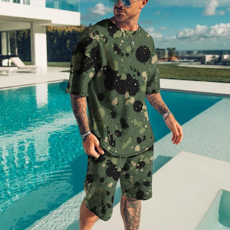 New Men\'s Green Camouflage T-shirts Shorts Set 3D Print Short Sleeve Tee Beach Shorts 2 Pcs Set Summer Oversized Tracksuit Suits