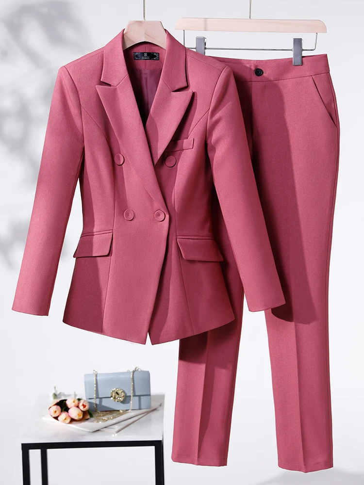 Red Black Blue Apricot 2 Piece Set Formal Pant Suit Women Female Blazer Jacket And Trouser For Office Ladies Work Wear