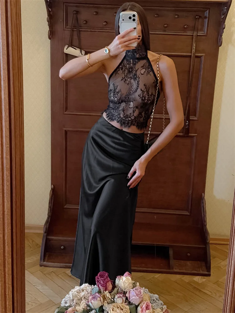 

Сексуальный кружевной комплект из 2 предметов Tossy: длинная юбка для женщин, прозрачный укороченный топ с открытой спиной и атласная макси-юбка, женская одежда