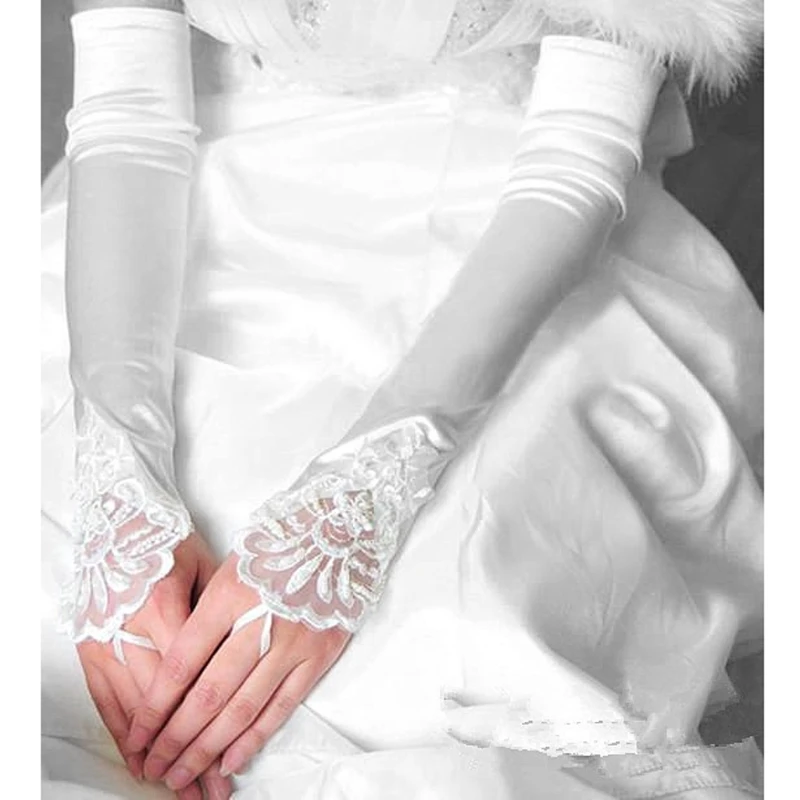 Womens Long Gloves Fingerless Embroidery Lace Trim Beaded Sequins Bridal Wedding Accessory