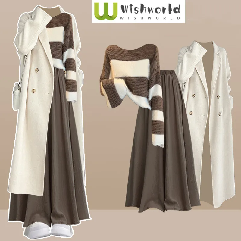 

Модный женский комплект, весенне-осенний корейский выпуск, длинный топ, вязаный свитер + повседневная юбка, брюки, комплект из 3 предметов