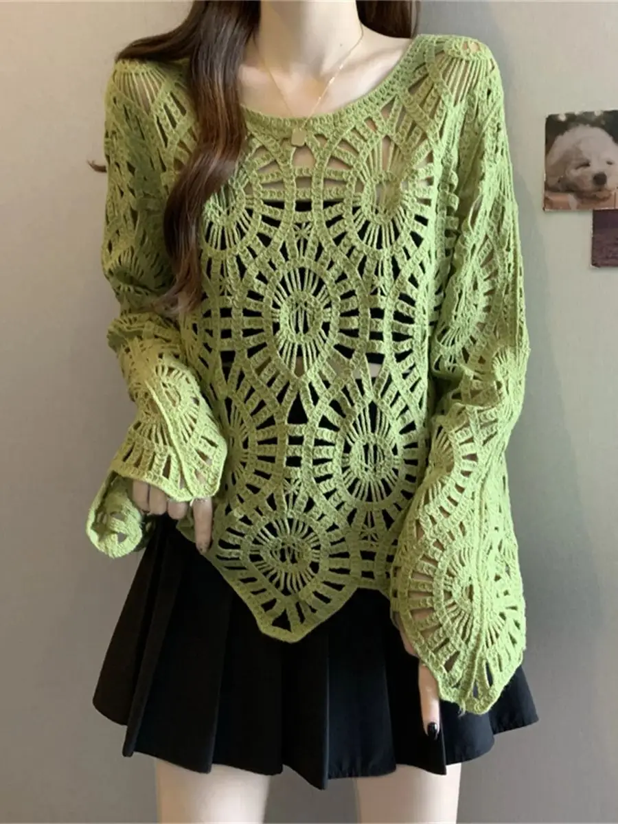 

Однотонный вязаный крючком вязаный пуловер с длинными рукавами, джемперы для женщин, осень 202, повседневная трикотажная блузка, верхняя одежда