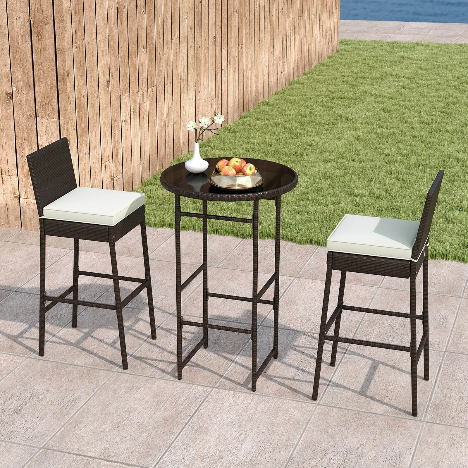 

3 PCS Outdoor Bar Set Patio Rattan Bar Height Table & Chairs w/ Glass Tabletop