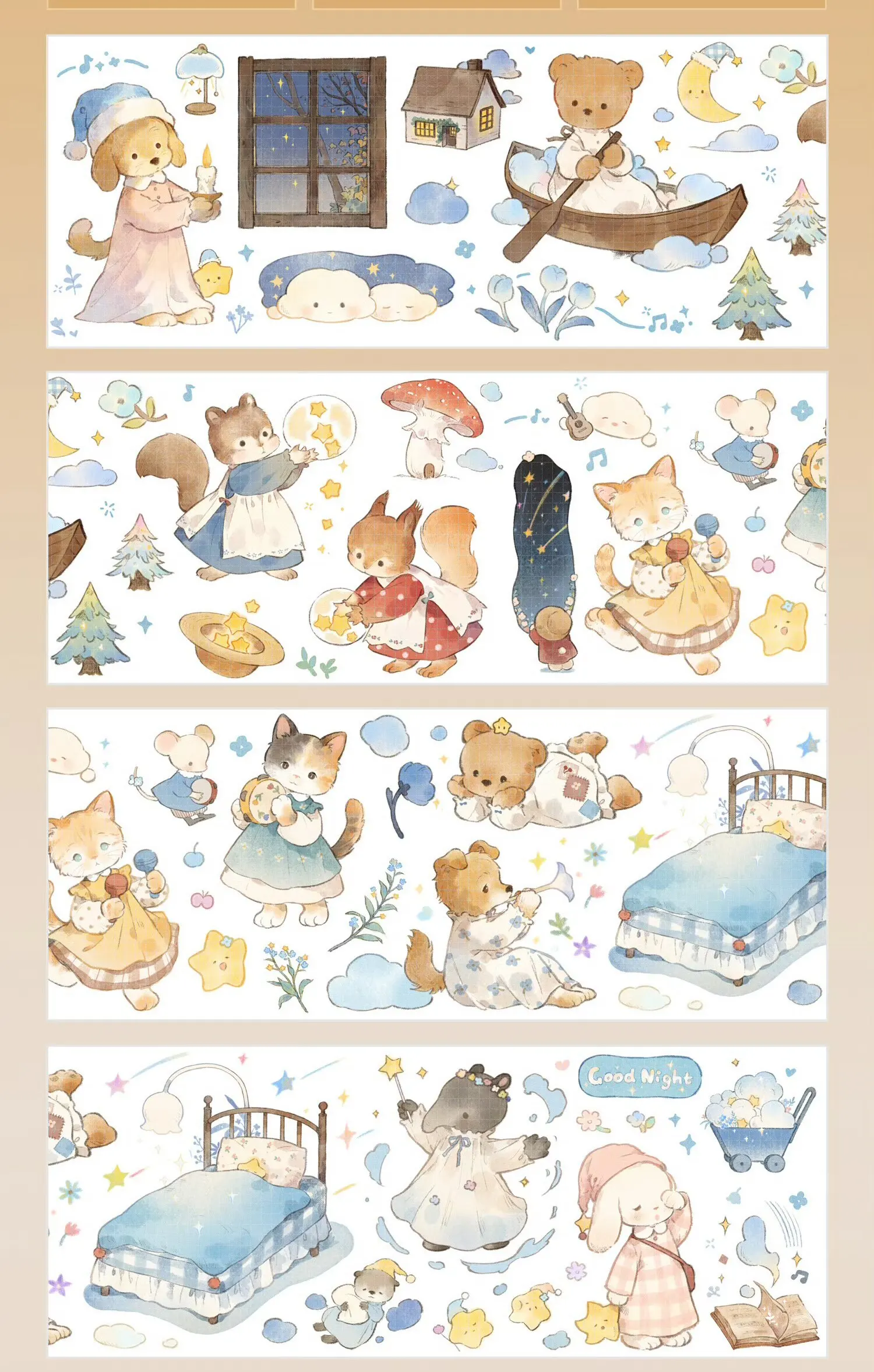 Fita adesiva washi de 1 rolo da série Shine / Doll / Starlight Serenade / Moon Companion Good Night Poem / Heart Favorite